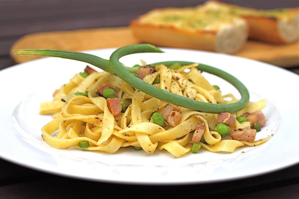 Pasta with Pancetta, Peas and Garlic Scapes